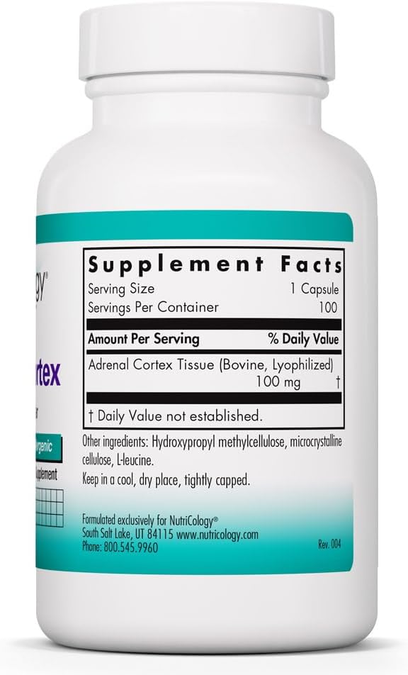 NutriCology Corteza Suprarrenal - Extracto de Glándula Bovina Liofilizado 100 mg - 100 Cápsulas Vegetales