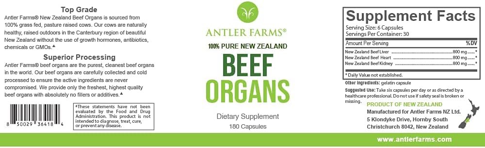Antler Farms - Órganos de Ternera 100% Puros de Nueva Zelanda - Corazón, Hígado, Riñón, 180 Cápsulas, 400mg - Alimentados con Pasto, Procesado en Frío, Sin rBGH ni Rellenos