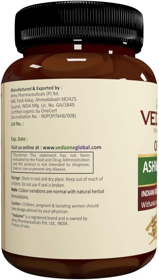 VEDAONE Ashwagandha Orgánica en Cápsulas - 750mg por Cápsula, 60 Cápsulas (Suministro para 1 Mes)