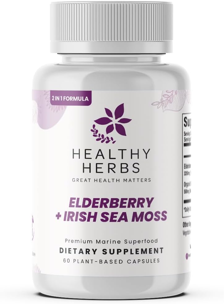 Healthy Herbs Wildcrafted Elderberry Sea Moss Capsules | 2600mg Irish Sea Moss + Elderberry | Vegano, No-GMO (60 Cápsulas)