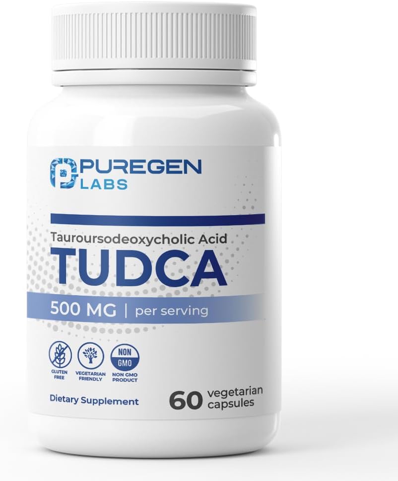 Puregen Labs TUDCA (Ácido Tauroursodesoxicólico) 500mg por dosis - Sales biliares para el hígado - Sin aditivos nocivos - No transgénico - Sin gluten - 60 cápsulas vegetarianas