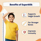 Supermilk Height+ para niños de 8 a 12 años, bebida saludable en polvo, alto contenido proteico con calcio + D3, 21 vitaminas y minerales, sin azúcar refinado, chocolate doble natural, 400 g
