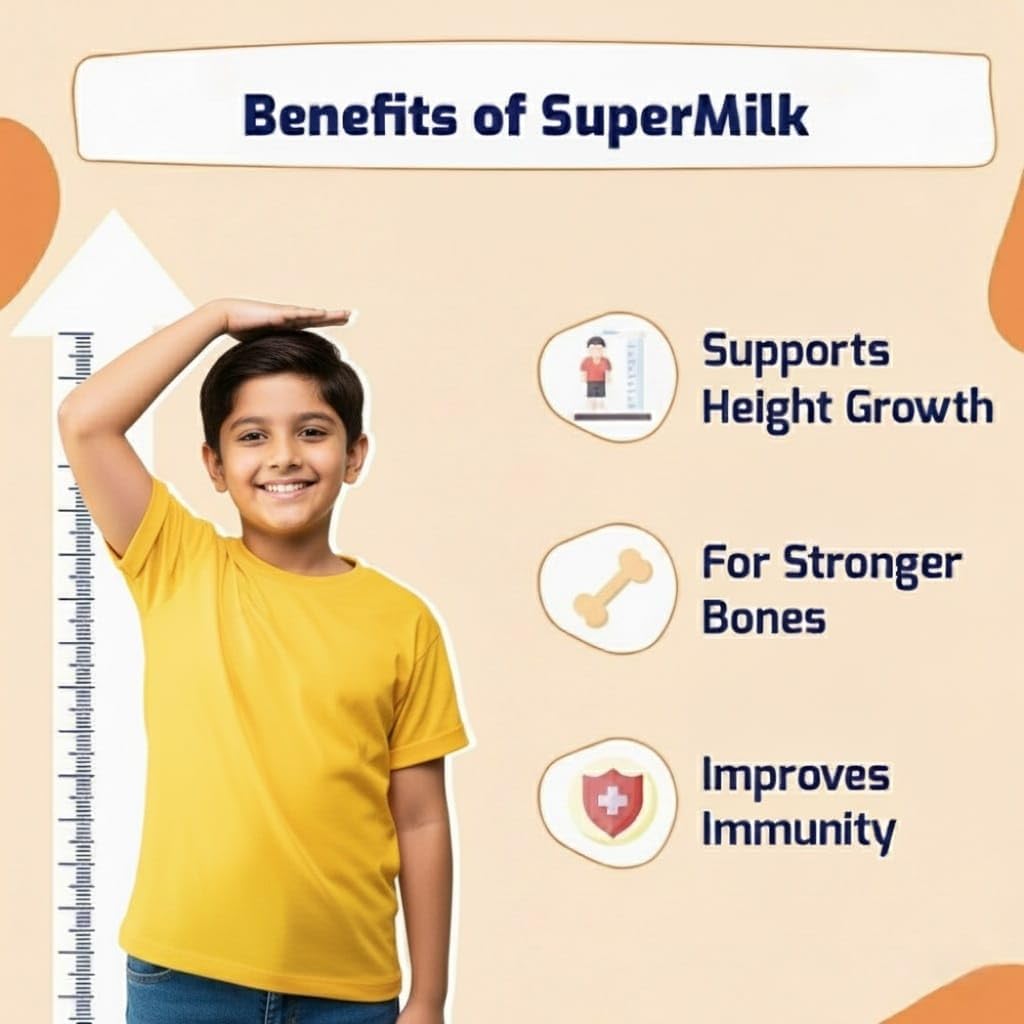 Supermilk Height+ para niños de 8 a 12 años, bebida saludable en polvo, alto contenido proteico con calcio + D3, 21 vitaminas y minerales, sin azúcar refinado, chocolate doble natural, 400 g