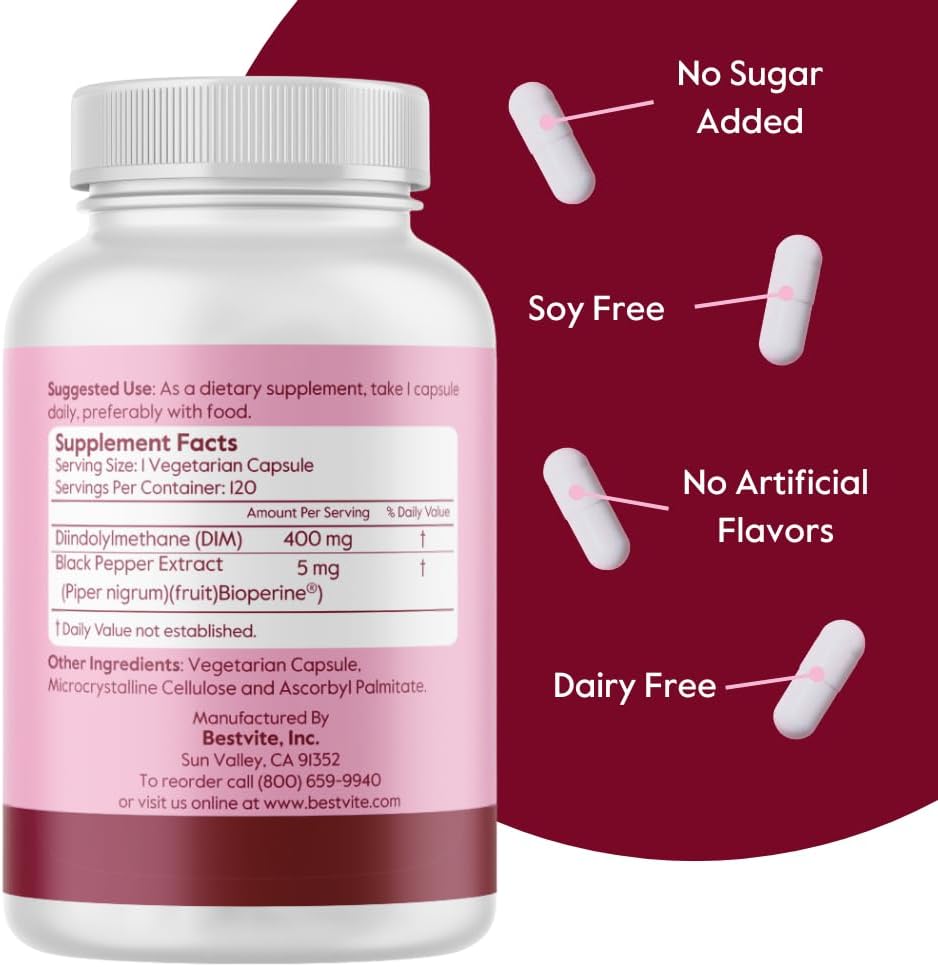 BESTVITE DIM (Diindolylmethane) 400mg con Bioperina - 240 Cápsulas Veganas