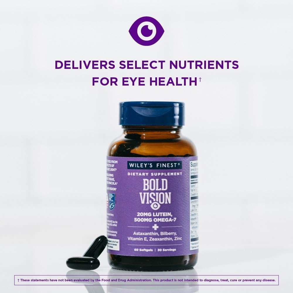 Wiley's Finest Wild Alaskan Fish Oil Bold Vision - Suplemento de Omega-7, Luteína y Zeaxantina para la Salud Visual - 60 Cápsulas Blandas