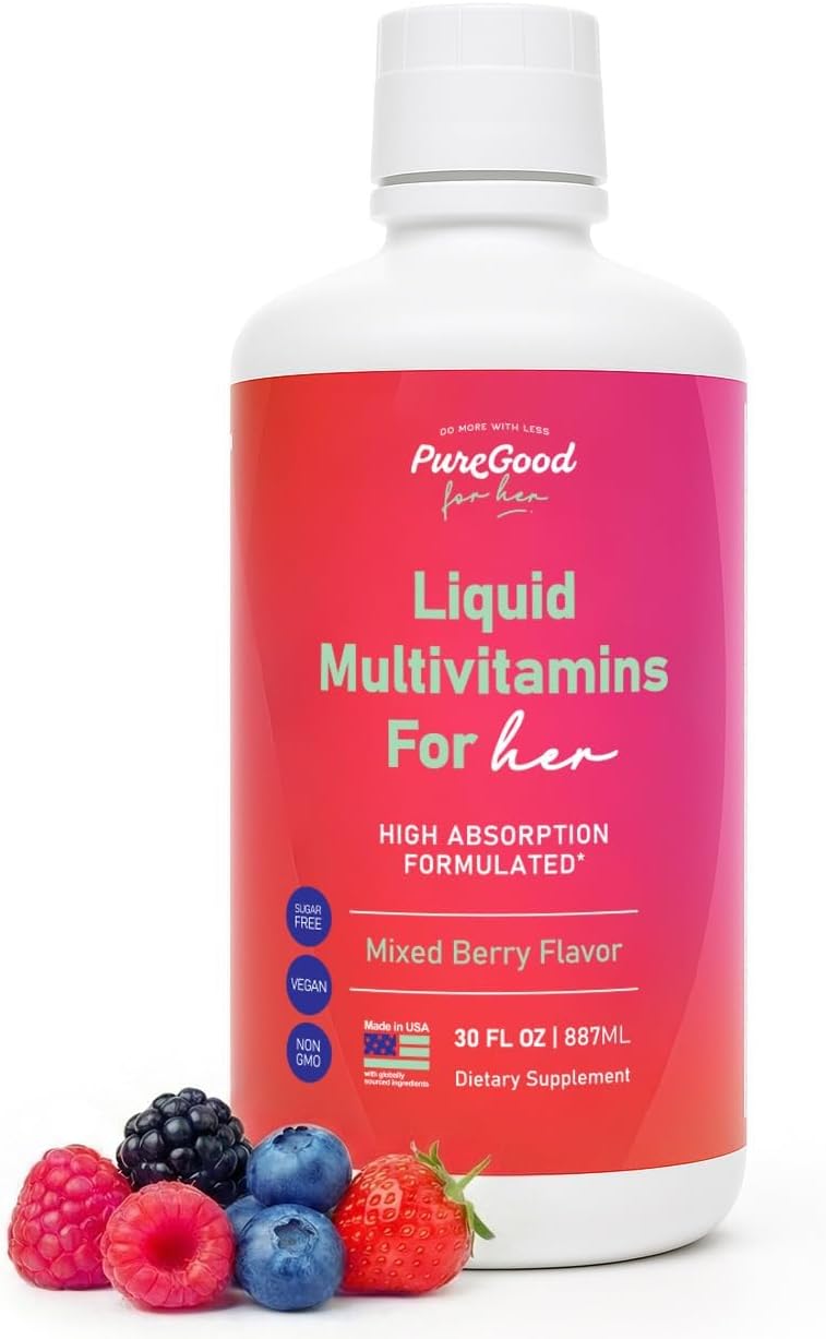 PureGood Liquid Multivitamin for Women | Multivitamínico Líquido para Mujeres con B12 Metilado, Folato, Biotina y Azafrán | Omega 3 6 7 9 | Energía, Estado de Ánimo y Equilibrio Hormonal | Sin Hierro | Sin Azúcar | 887 ml