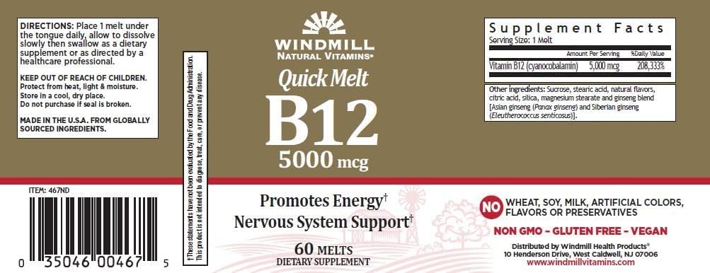 Windmill Quick Melt Vitamina B12 5000 mcg con Ginseng, 60 comprimidos