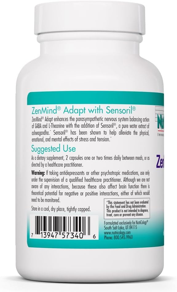 NutriCology ZenMind Adapt - 200 mg L-Teanina, 125 mg Ashwagandha y 550 mg GABA - Apoyo al Estrés y la Calma - 60 Cápsulas Vegetarianas