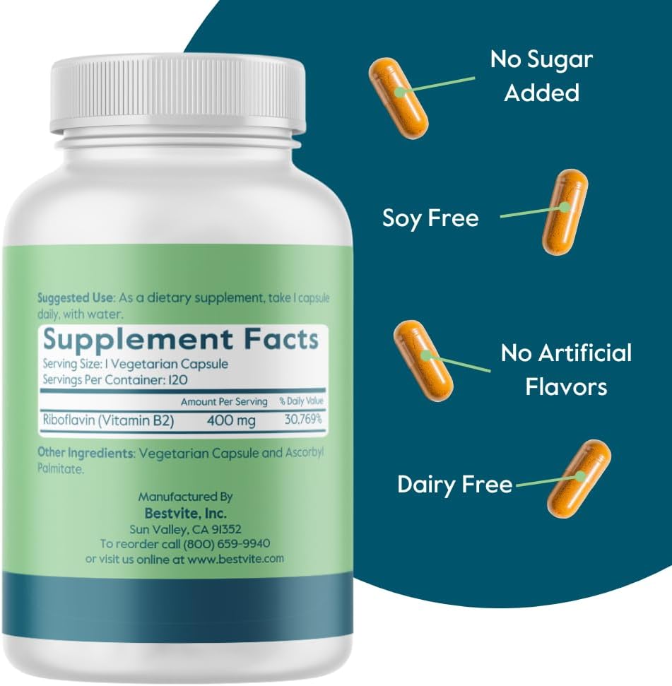 BESTVITE Vitamina B-2 (Riboflavina) 400mg - 240 Cápsulas Vegetarianas - Alta Potencia