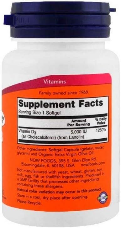 NOW Foods Vitamina D-3 5000 UI Cápsulas Blandas, 120 Unidades
