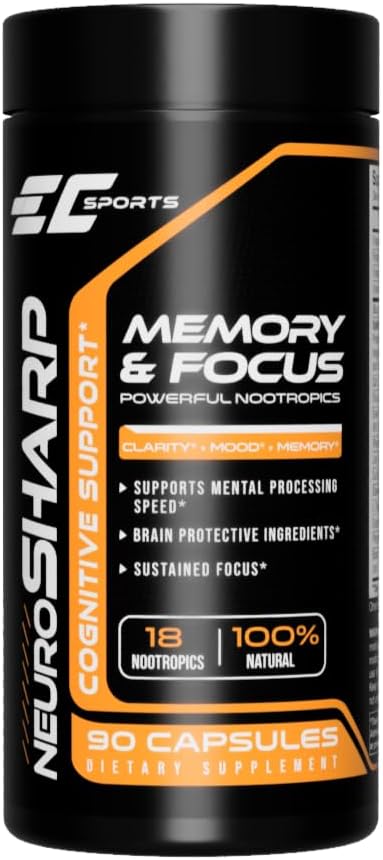 EC Sports NeuroSharp Powerful Nootropic Supplement for Focus, Faster Processing, Instant Positive Energy & Performance, Memory & Cognitive Support w/ 18 Nootropics - 90 Capsules