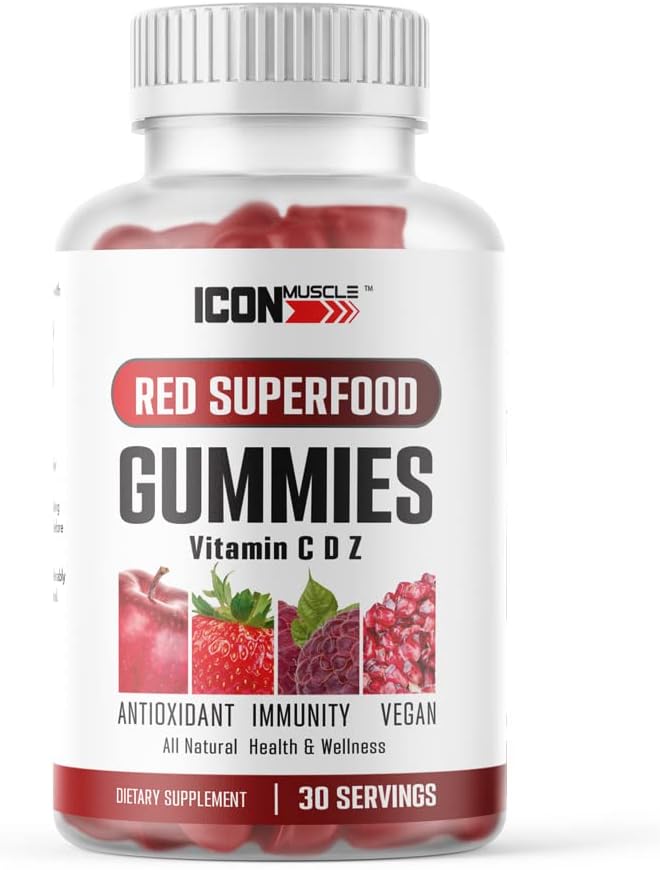 Icon Muscle Gominolas de Superalimentos Rojos y Verdes - Vitaminas C, D, Zinc - 30 Porciones