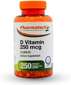 PHARMATECH Vitamina D3 10000 UI, 250 mcg, Alta Potencia, Apoya la Salud del Sistema Inmunológico, Huesos y Músculos, Sin Gluten, Sin Azúcar, No GMO, 250 Cápsulas Blandas