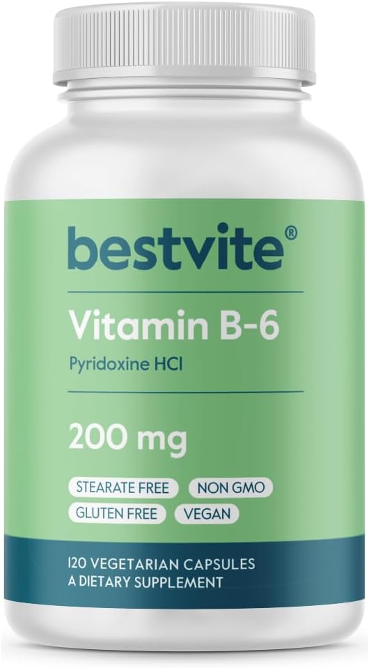 BESTVITE Vitamina B-6 200mg (120 Cápsulas Vegetales) - Sin Estearatos - Vegano - Sin Gluten - No OGM