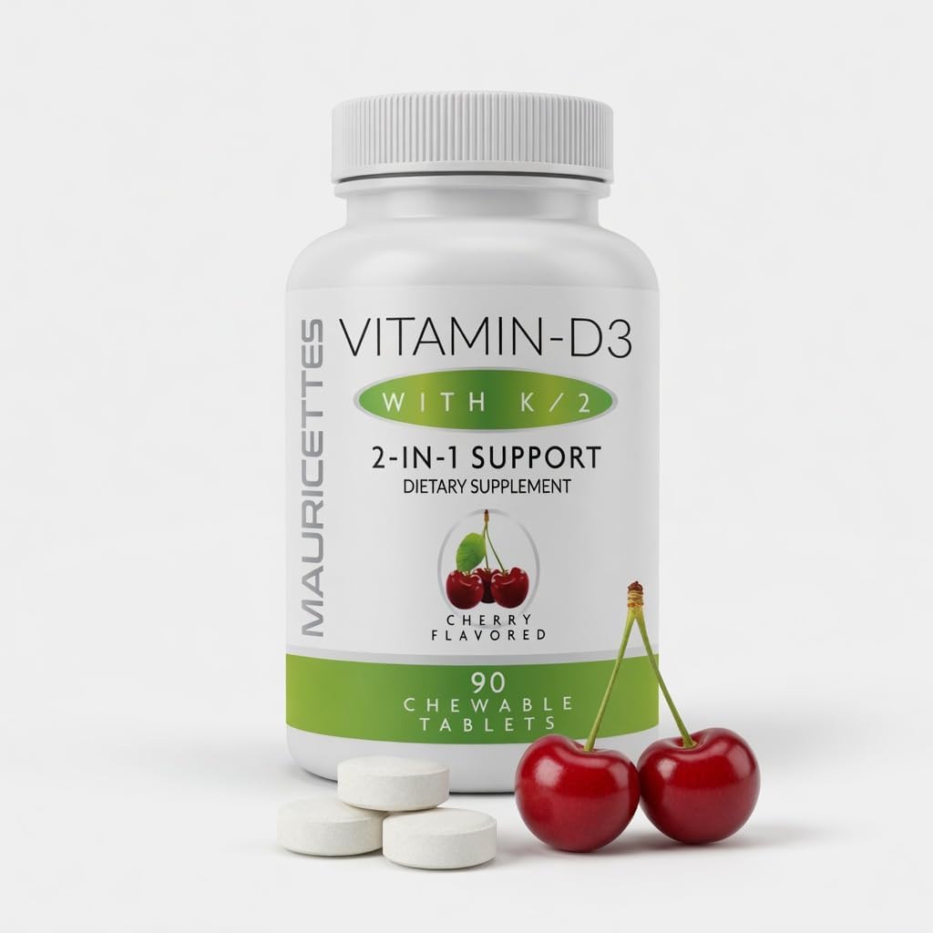 Mauricettes Vitamina D3 + K2 (MK-7) Masticable, 2000 UI, 90 Comprimidos con Sabor a Cereza
