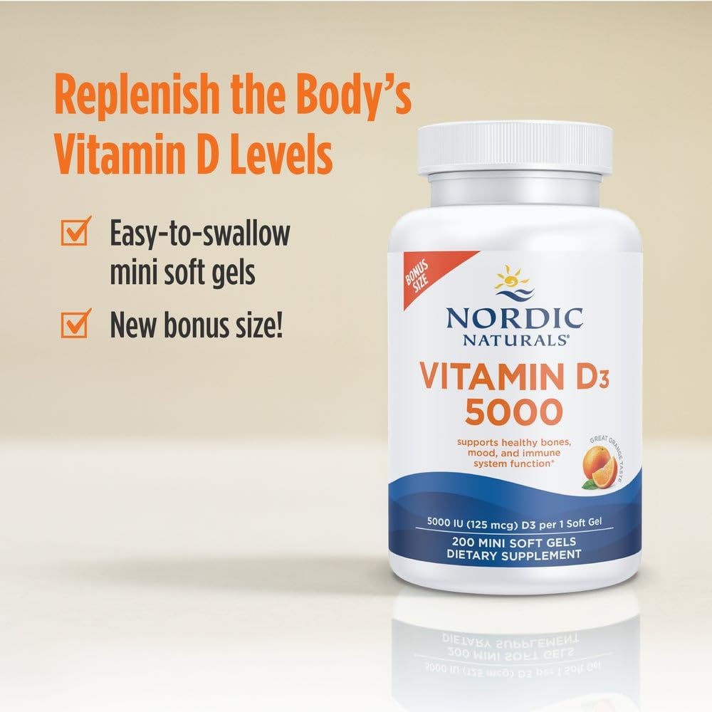 Nordic Naturals Vitamina D3 5000 UI, 200 Perlas Blandas Sabor Naranja - Vegetariano