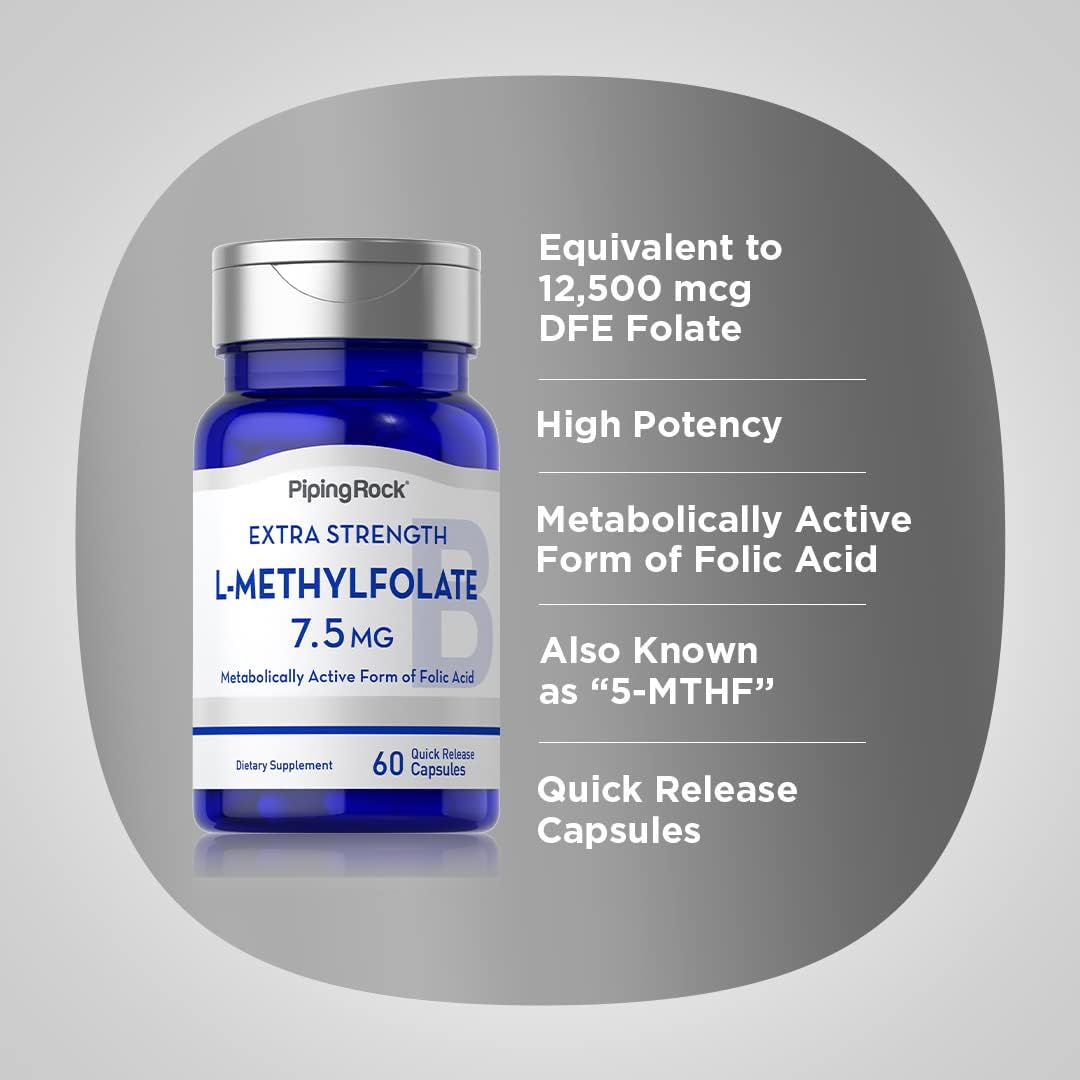 Piping Rock L-Methylfolate 7.5 mg | 60 Cápsulas | Complemento de Potencia Extra | Ácido Fólico Activo | Non-GMO, Sin Gluten