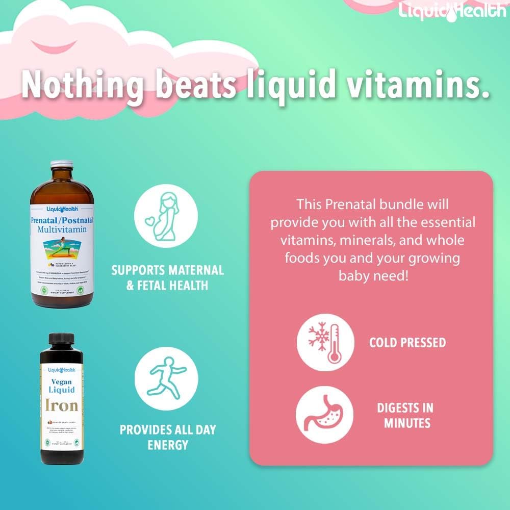LIQUIDHEALTH Prenatal Baby Booster - Pack de Vitaminas Prenatales/Postnatales Líquidas Veganas con Hierro Ferrochel y Folato