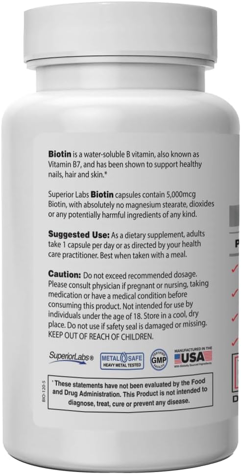 Superior Labs Natural Non-GMO Biotin - 5000 mcg, 120 Vegetable Capsules