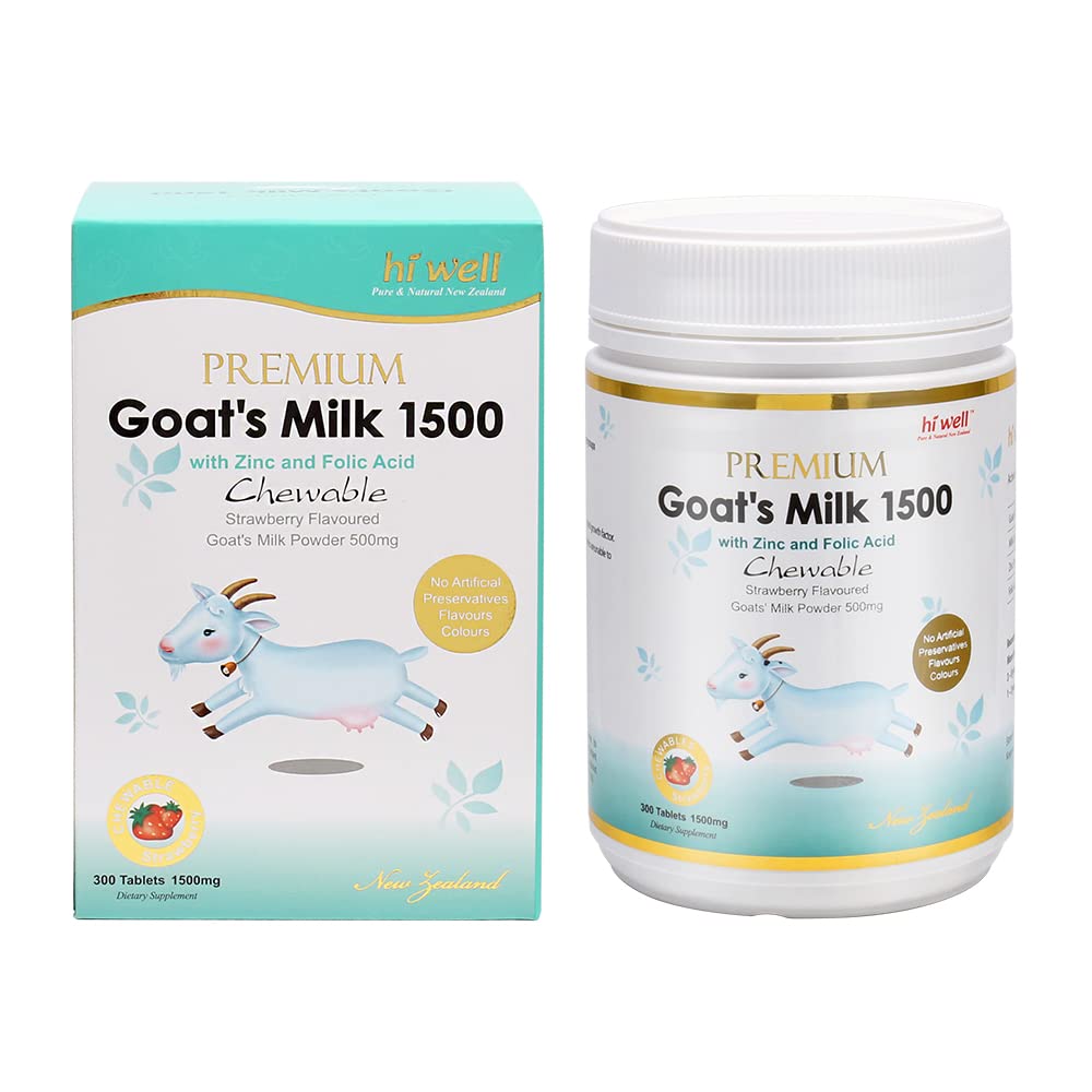 Hi Well Premium Leche de Cabra 1500 mg - 300 Comprimidos Masticables Sabor Fresa