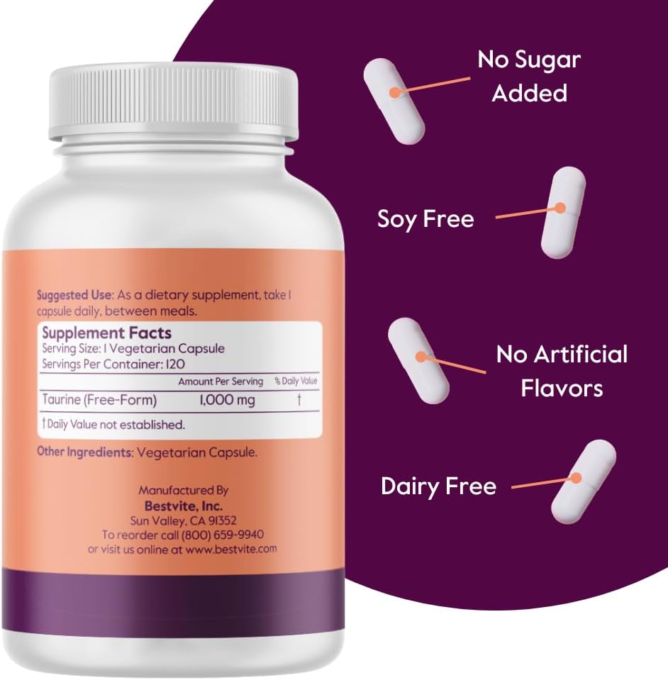 BESTVITE Taurina 1000mg (120 Cápsulas Vegetales) - Sin Estearatos - Sin Rellenos - Vegano - Sin Gluten