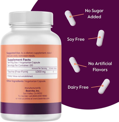 BESTVITE Taurina 1000mg (120 Cápsulas Vegetales) - Sin Estearatos - Sin Rellenos - Vegano - Sin Gluten – Image 3