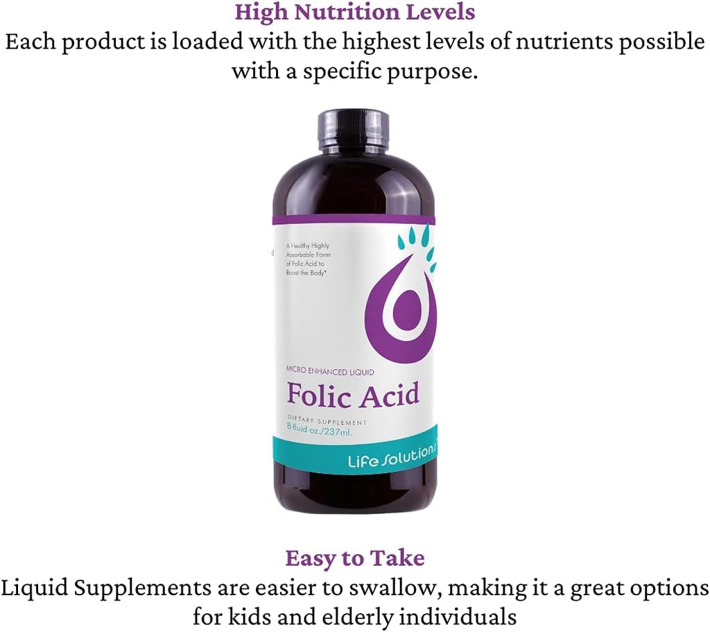 Life Solutions Ácido Fólico Líquido - 800 mcg por dosis - Sabor a Bayas, 237 ml