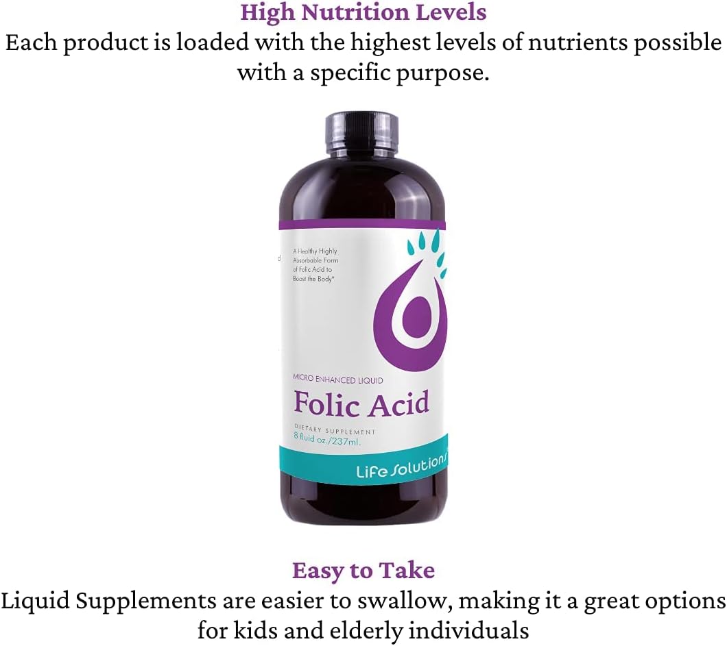 Life Solutions Ácido Fólico Líquido - 800 mcg por dosis - Sabor a Bayas, 237 ml