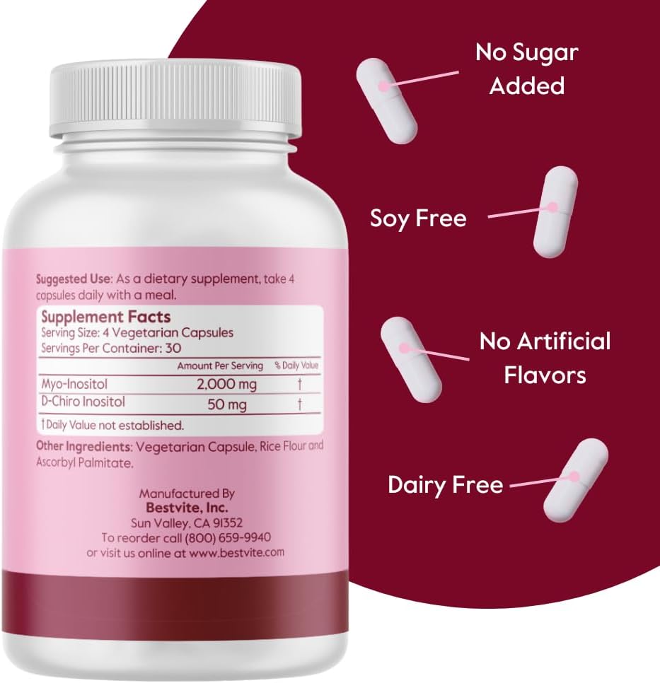 BESTVITE Myo & D-Chiro Inositol (120 Cápsulas Vegetarianas) - 40:1 - Sin Estearatos - Vegano - No-GMO - Sin Gluten
