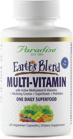 Paradise Herbs Earth's Blend Multivitamínico Diario Sin Hierro – 48 Superalimentos Orgánicos, Probióticos, Antioxidantes, Vitaminas A, B12, C, D, K2 – 120 Cápsulas