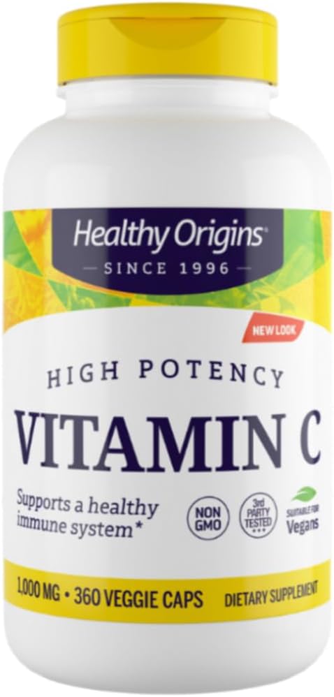 Healthy Origins Vitamina C 1000 mg (No GMO, Alta Potencia, Apoyo Inmunitario, Vegano), 360 Cápsulas Vegetales