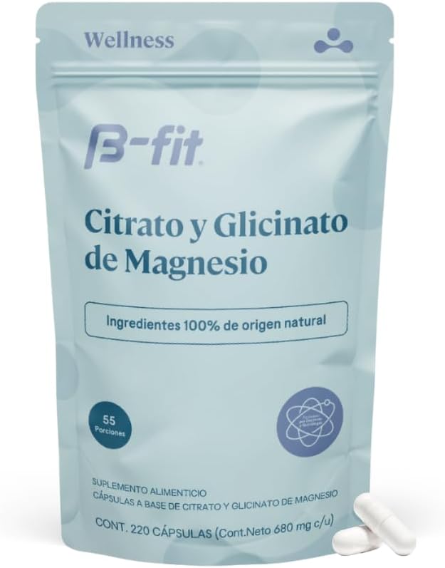 B-FIT B Magnesio Glicinato y Citrato - Apoya el Sueño y la Recuperación Muscular - Vegano - 496 mg - 220 Cápsulas - 2 Meses de Suministro