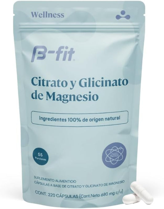 B-FIT B Magnesio Glicinato y Citrato - Apoya el Sueño y la Recuperación Muscular - Vegano - 496 mg - 220 Cápsulas - 2 Meses de Suministro