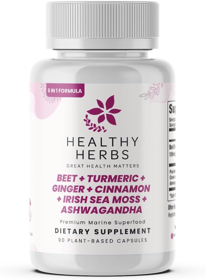 Healthy Herbs Cápsulas de Musgo Marino Silvestre 1950mg – Complejo Avanzado con Remolacha, Cúrcuma, Jengibre, Canela y Ashwagandha (90 Cápsulas)