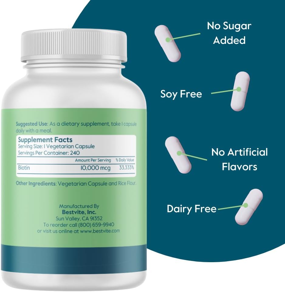 BESTVITE Biotina 10,000mcg (240 Cápsulas Vegetarianas) - Sin Estearatos - Sin Fosfato Dicálcico - Vegano - No GMO - Sin Gluten