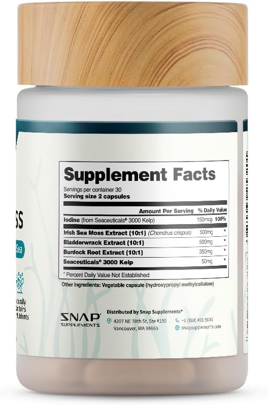 Snap Supplements Irish Sea Moss con Bladderwrack, Burdock Root y Yodo – 60 Cápsulas Veganas