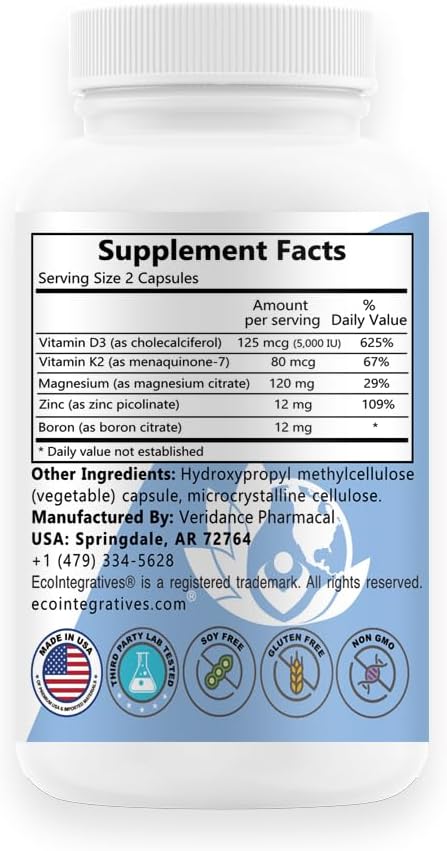 EcoIntegratives D3 Plus con Vitamina K2, Magnesio, Zinc y Boro – 60 Cápsulas Veganas