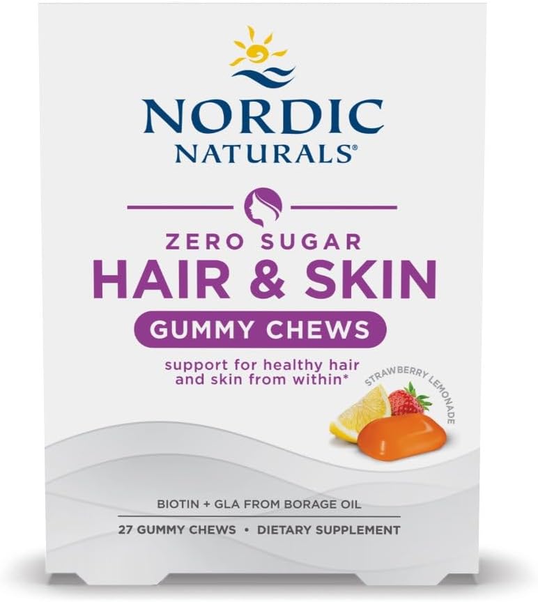 Nordic Naturals Zero Sugar Hair & Skin Gummy Chews, Fresa Limonada - 27 Gominolas - Biotina + GLA de Aceite de Borraja