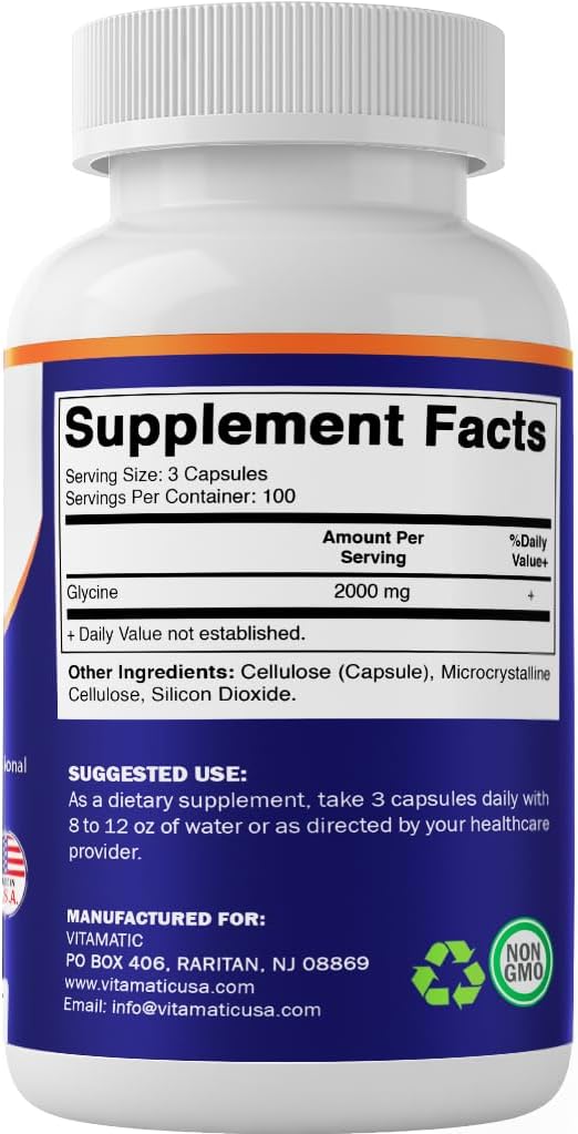 Vitamatic Glicina Suplemento, 2000mg por Dosis, 300 Cápsulas, No-GMO, Sin Gluten