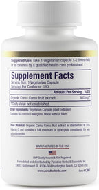 Paradise Herbs, Extracto Orgánico de Camu Camu, 400 mg, Rico en Vitamina C, Puro y Potente, Sin Gluten, No GMO, Vegano, 180 Cápsulas Vegetales