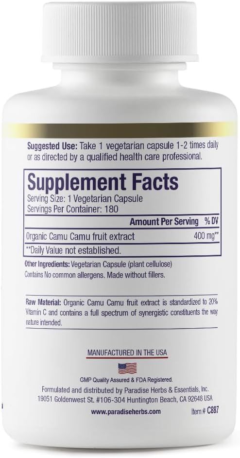 Paradise Herbs, Extracto Orgánico de Camu Camu, 400 mg, Rico en Vitamina C, Puro y Potente, Sin Gluten, No GMO, Vegano, 180 Cápsulas Vegetales