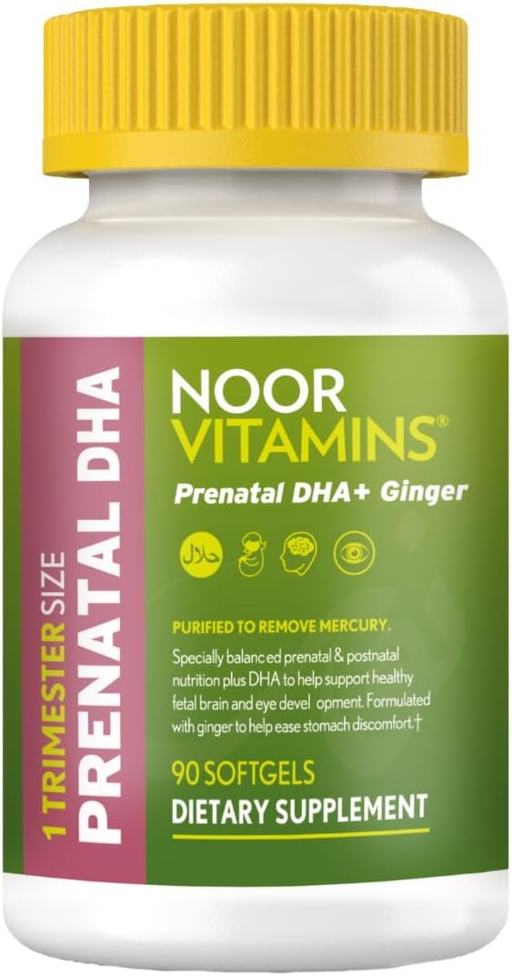 Noor Vitamins Vitaminas Prenatales Halal con DHA y Ácido Fólico, Jengibre, Hierro, 90 Cápsulas Blandas