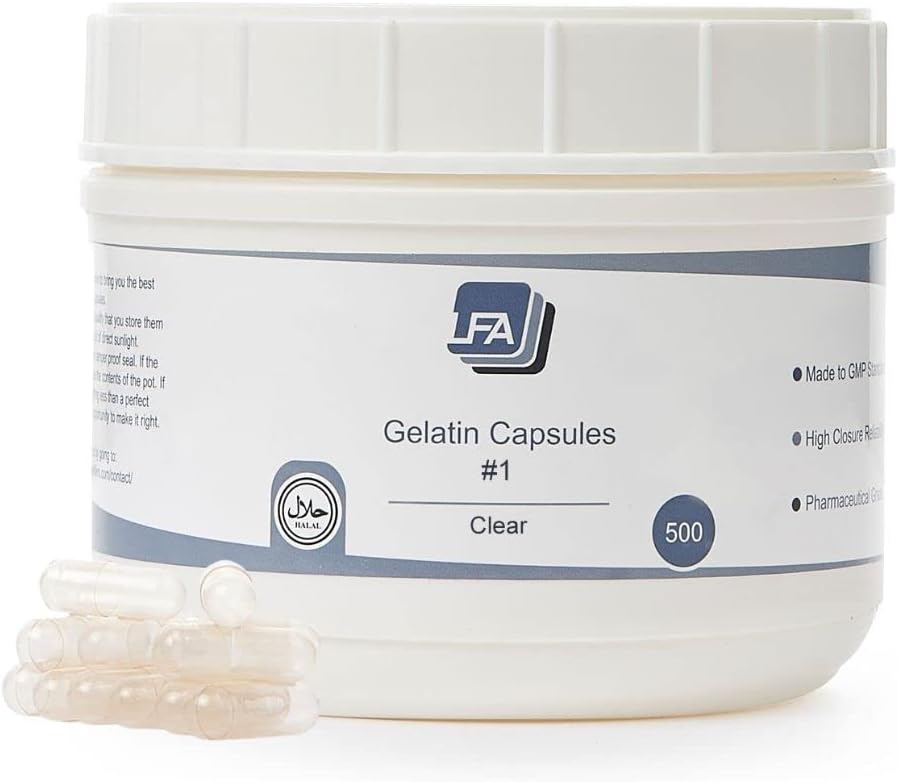LFA Tablet Presses - Cápsulas Vacías de Gelatina, Tamaño 1, 500 uds, Halal