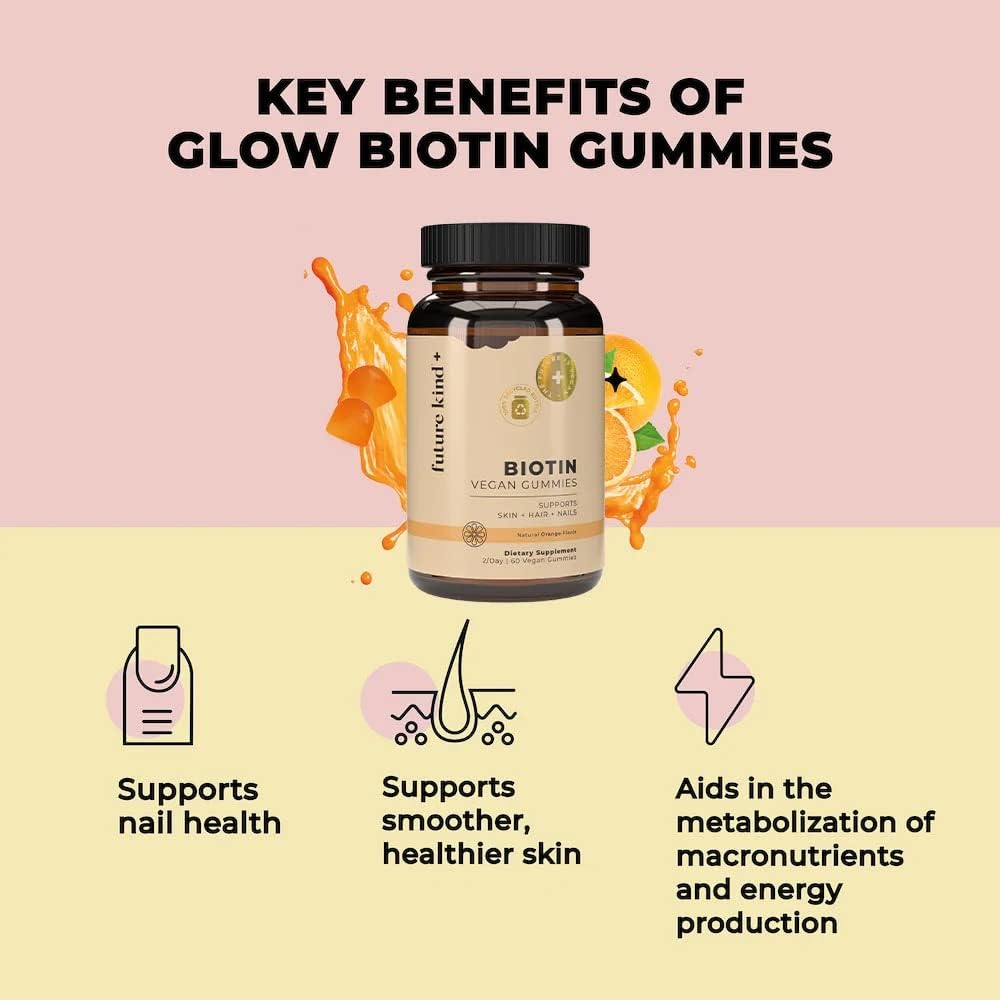 Future Kind Gominolas Veganas de Biotina para Cabello, Piel y Uñas – Colágeno Vegano con Vitaminas A, C y E – Sabor Fresa Natural – 30 Gominolas