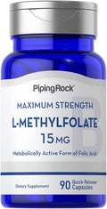 Piping Rock L-Metilfolato 15 mg | 90 Cápsulas | Ácido Fólico Activo | No-GMO, Sin Gluten