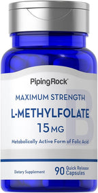 Piping Rock L-Metilfolato 15 mg | 90 Cápsulas | Ácido Fólico Activo | No-GMO, Sin Gluten