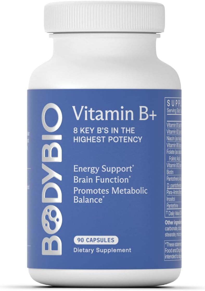 BodyBio Complejo B - Essential B Vitamins + Methylated B12 & Active Folate, 90 Capsules