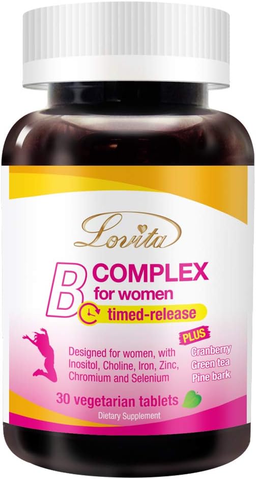 Complejo B de Alta Potencia para Mujeres con Liberación Prolongada - LOVITA - Vitaminas B con Hierro, Vitamina C, Arándano Rojo, Corteza de Pino y Té Verde - 90 Comprimidos (3 Envases de 30)