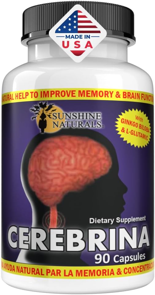 Sunshine Naturals Cerebrina con Ginkgo Biloba y L-Glutámico – 90 Cápsulas – Fórmula de apoyo cognitivo para adultos