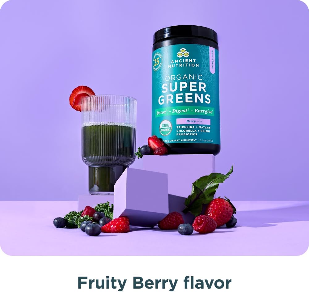 Ancient Nutrition SuperGreens Powder con Probióticos, Sabor Bayas Orgánico, 25 Servicios, 190g